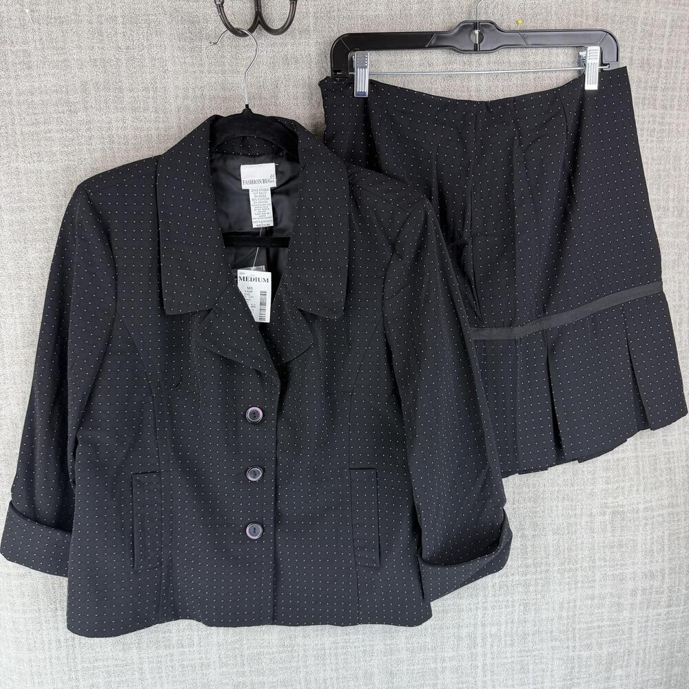 Fashion Bug Skirt Suit Womens M Black 2 Piece Lined Polka Dot Short Jacket